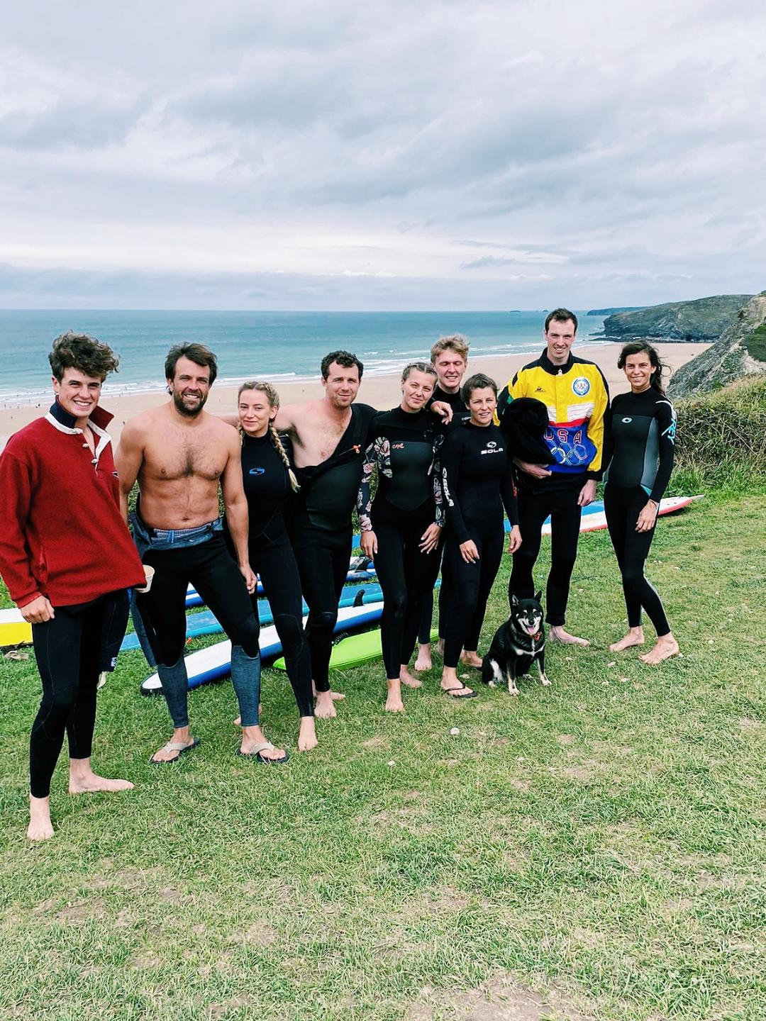 group surfing and corporate surf package lessons in Newquay Cornwall with pro surfer and celebrity personal trainer Tehillah McGuinness